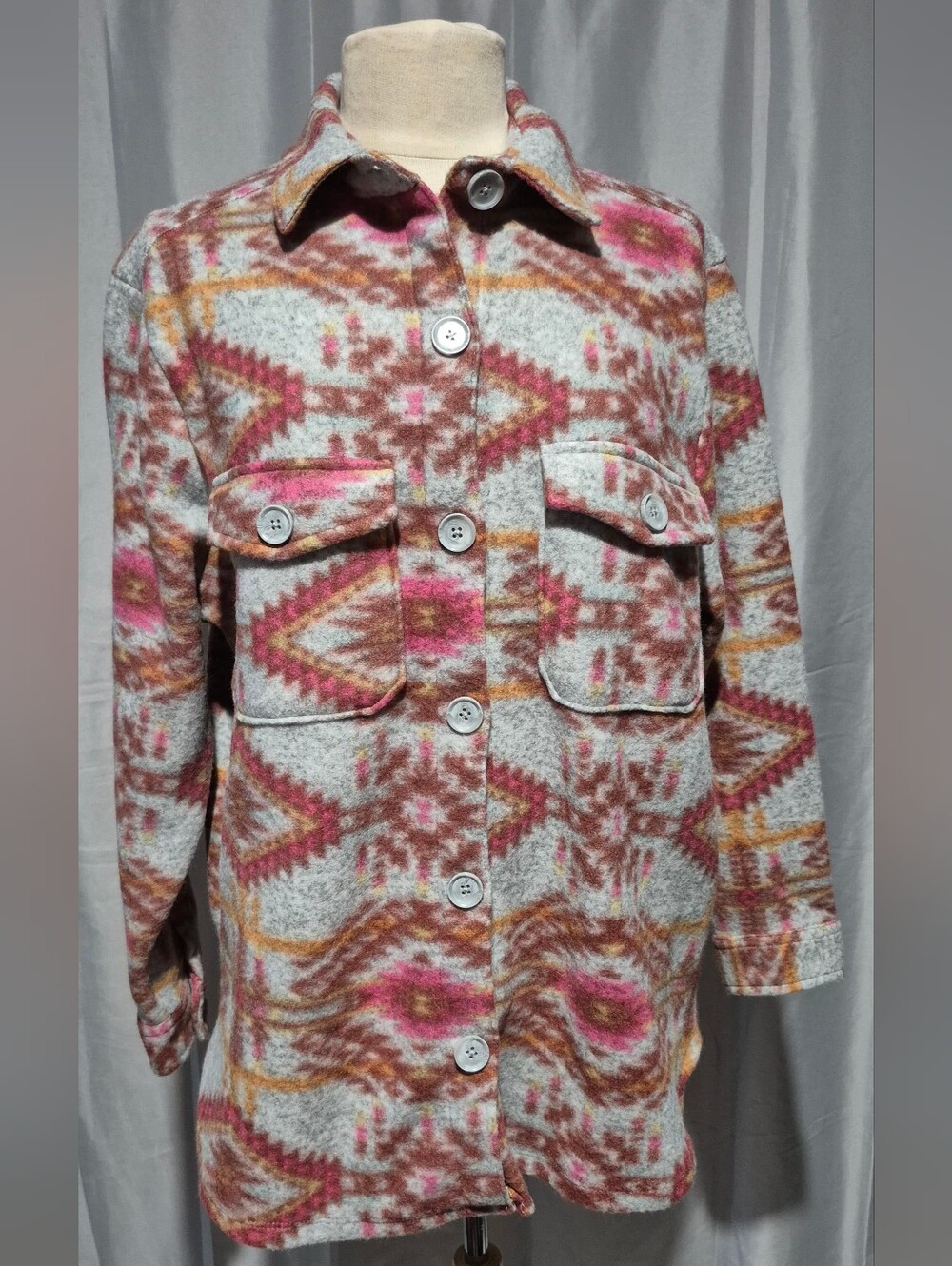 Geo-Print Wool-Blend Shacket in Pink & Brown